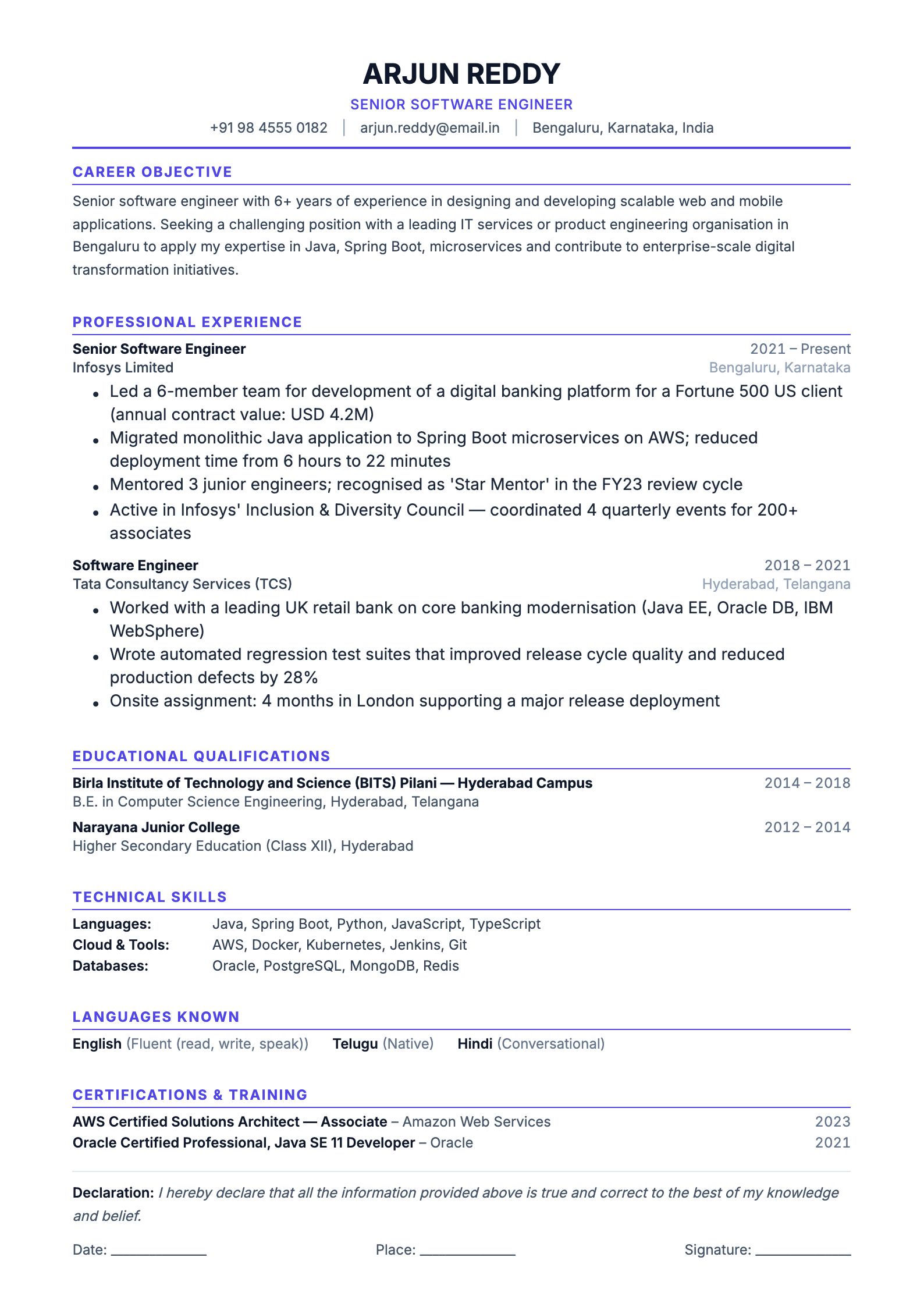 India resume template